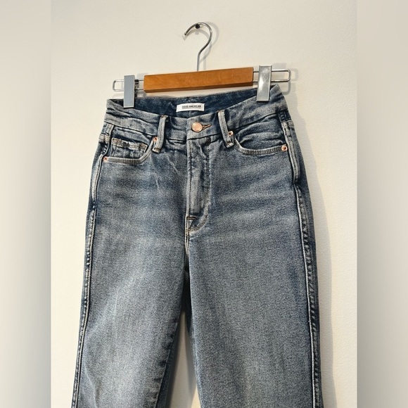 Good American Good Curve High Waist Frayed Hem Cutoff Straight Leg Jeans size 25 - Picture 7 of 11